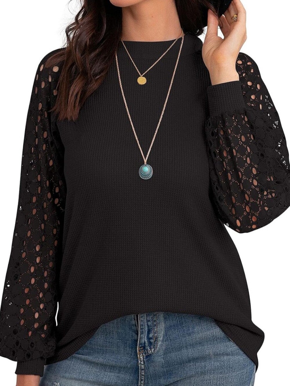 IWOLLENCE Black Lace-Sleeve Women’s Sweater - Stylish Pullover
